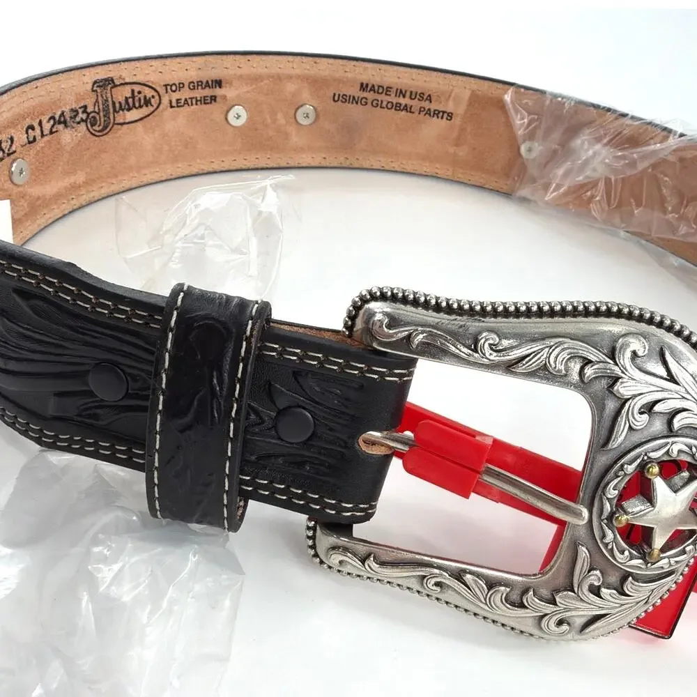 Justin Men's Black Floral 5 Star Ranch Tooled Western Belt Size 32